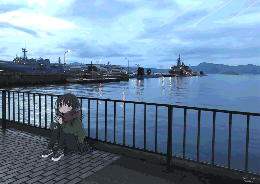 156m, 1girl, :o, backlighting, bangs, black_eyes, black_footwear, black_hair, black_pants, blue_sky, blue_theme, blush, blush_stickers, boat, breath, brick, brick_floor, brown_scarf, camera, can, canned_coffee, clouds, cloudy_sky, commentary_request, cross-laced_footwear, dated, dot_nose, drink, enpera, expressionless, eyebrows_visible_through_hair, facing_viewer, fringe_trim, from_side, green_sweater, hair_between_eyes, hand_on_own_knee, hands_up, highres, holding, holding_can, knees_together_feet_apart, knees_up, lamppost, light_rays, long_hair, long_sleeves, looking_away, looking_up, mountainous_horizon, nikon_(company), ocean, original, outdoors, pants, parted_lips, pavement, photo_background, plaid, plaid_scarf, product_placement, puffy_long_sleeves, puffy_sleeves, railing, reflection, scarf, scenery, ship, shoes, sidelocks, signature, single-lens_reflex_camera, sitting, sky, sneakers, solo, sweater, swept_bangs, tareme, water, watercraft, wide_shot