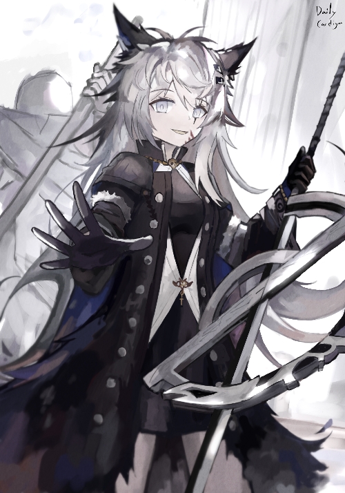 1girl, animal_ears, arknights, artist_name, black_coat, black_dress, black_gloves, blood
