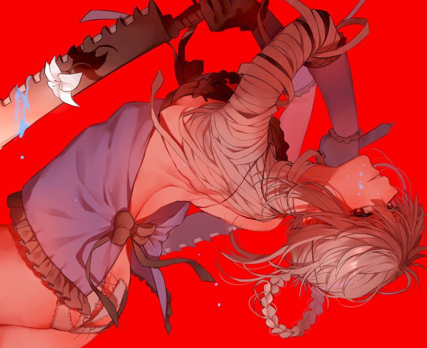 backless_outfit, bandaged_arm, bandages, black_bow, black_gloves, bow, braid, cross-laced_clothes