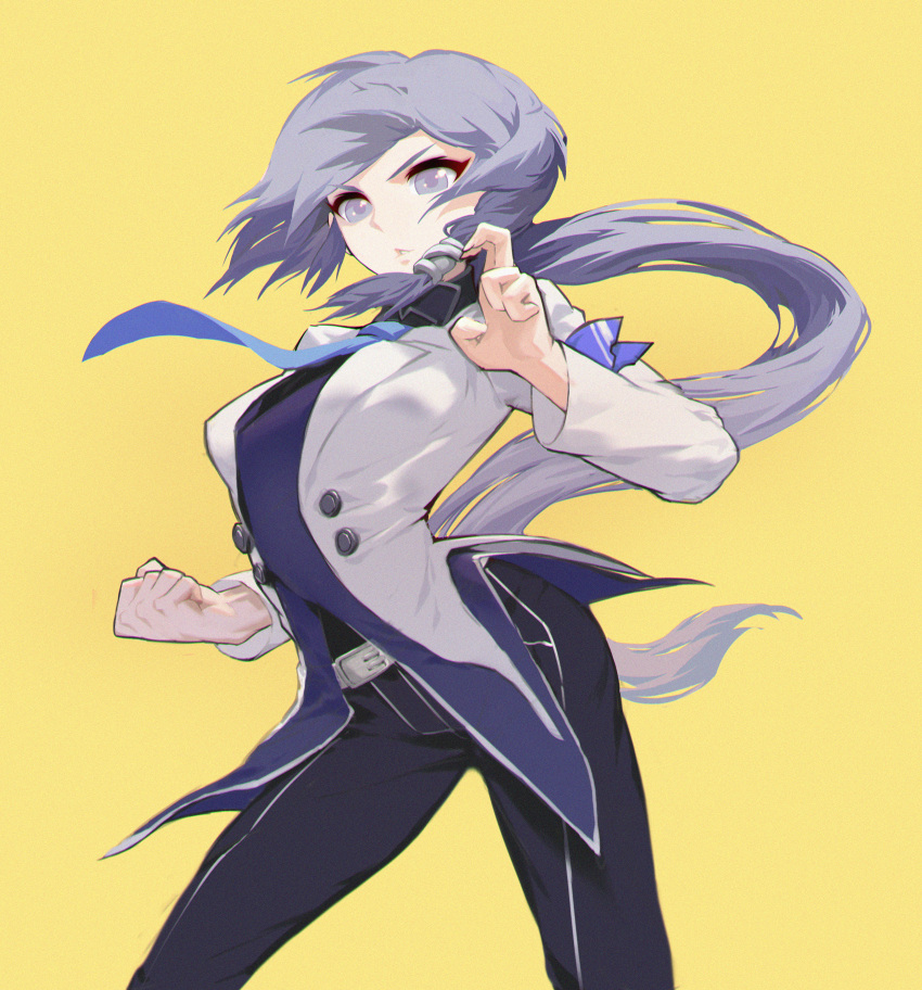 1girl, absurdres, alternate_breast_size, alternate_eye_color, bangs, breasts, coat, fu_hua, fu_hua_(night_squire), grey_eyes, grey_hair, hair_between_eyes, highres, honkai_(series), honkai_impact_3rd, huge_filesize, knxagu, long_hair, long_sleeves, looking_at_viewer, necktie, open_mouth, pants, ponytail, simple_background, solo, teeth, v-shaped_eyebrows, white_coat, yellow_background