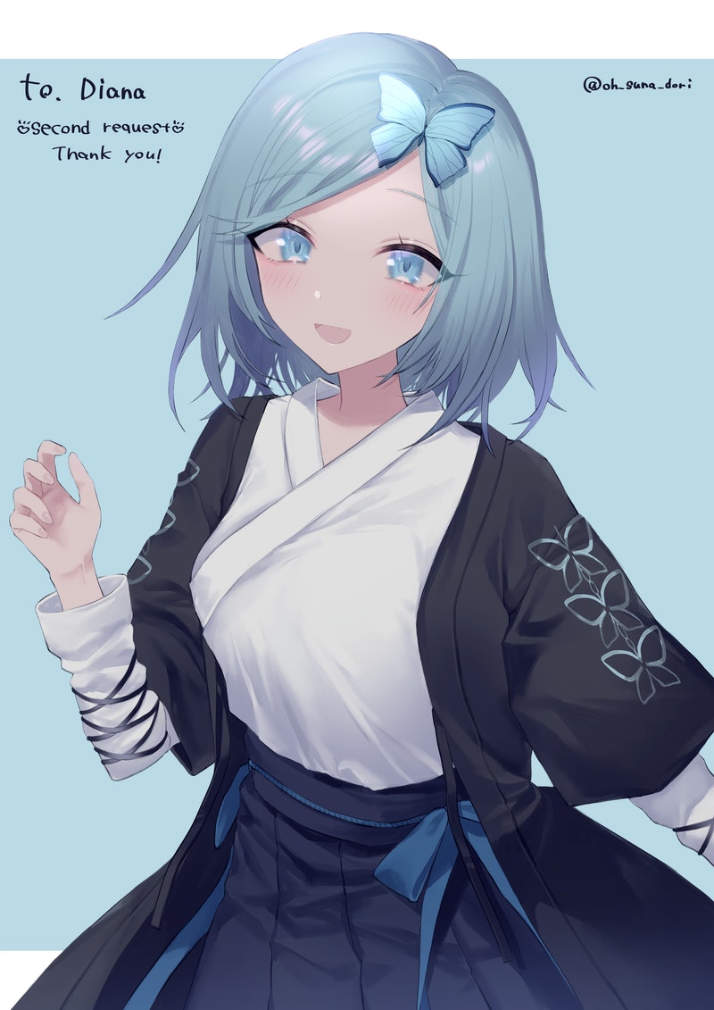 1girl, artist_name, blue_background, blue_hair, bug, butterfly, commission, eyebrows_visible_through_hair