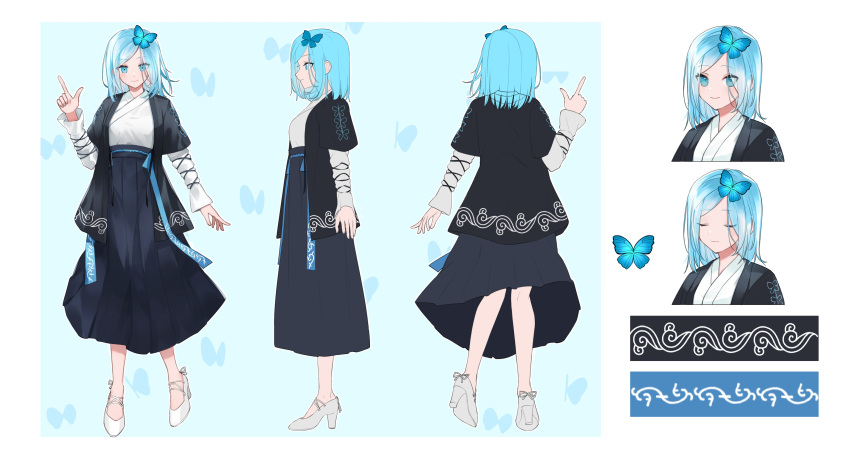 1girl, absurdres, bangs, blue_hair, breasts, bug, butterfly, closed_eyes