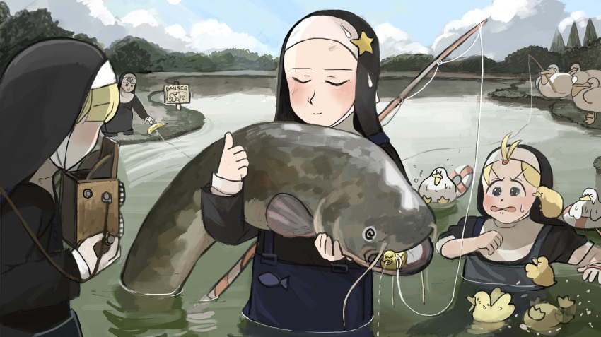 4girls, @_@, animal, animal_on_shoulder, banana, bangs_pinned_back, bird, bird_on_shoulder