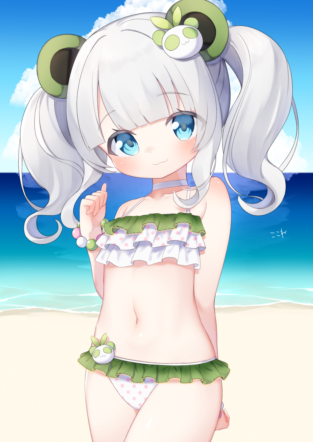 1girl, animal_ears, bangs, bare_arms, bare_shoulders, beach, bead_bracelet, beads
