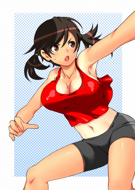 bad_id, bare_shoulders, bike_shorts, breasts, brown_eyes, brown_hair, cleavage, face