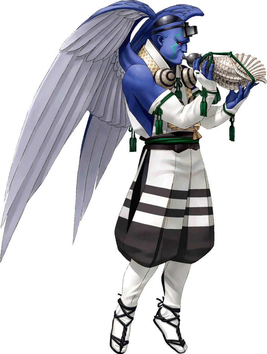 1boy, bald, blowing, blue_skin, colored_skin, conch, detached_sleeves, feathered_wings