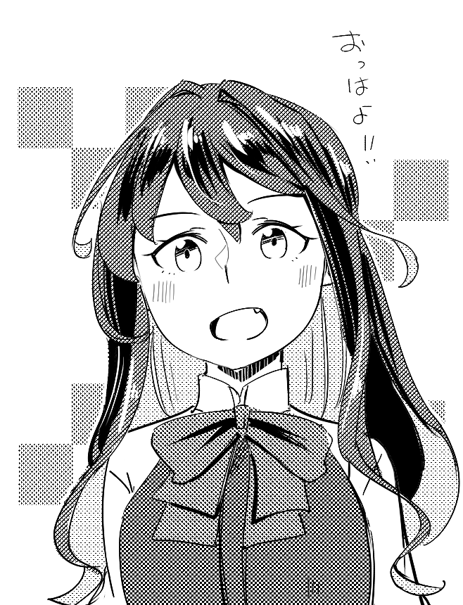 1girl, dress_shirt, fang, greyscale, halterneck, kantai_collection, long_hair, monochrome