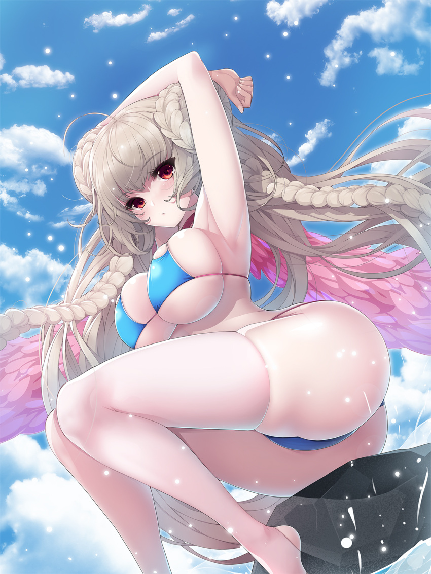 1girl, arms_up, ass, azur_lane, bikini, braid, braided_bun, breasts
