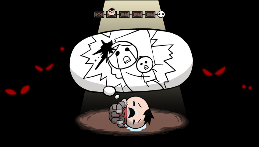 1boy, coat, crying, darkest_dungeon, fetal_position, flashback, fur_trim, glowing