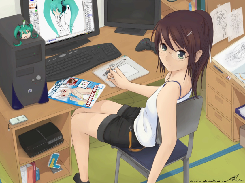 black_hair, brown_hair, cameo, cellphone, computer, computer_keyboard, danalm, desk
