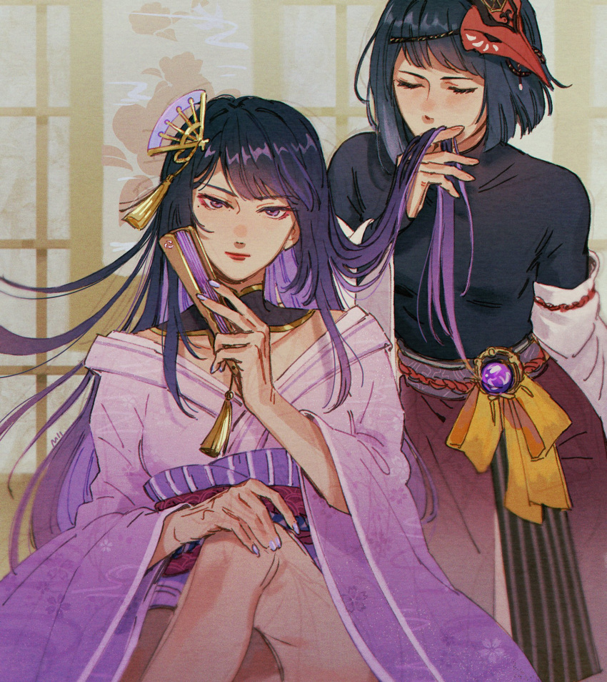 1girl, 2girls, bangs, black_hair, blunt_bangs, breasts, closed_eyes, closed_mouth