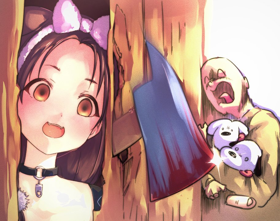 1girl, :3, animal_ears, axe, blood, bloody_weapon, bow, breaking