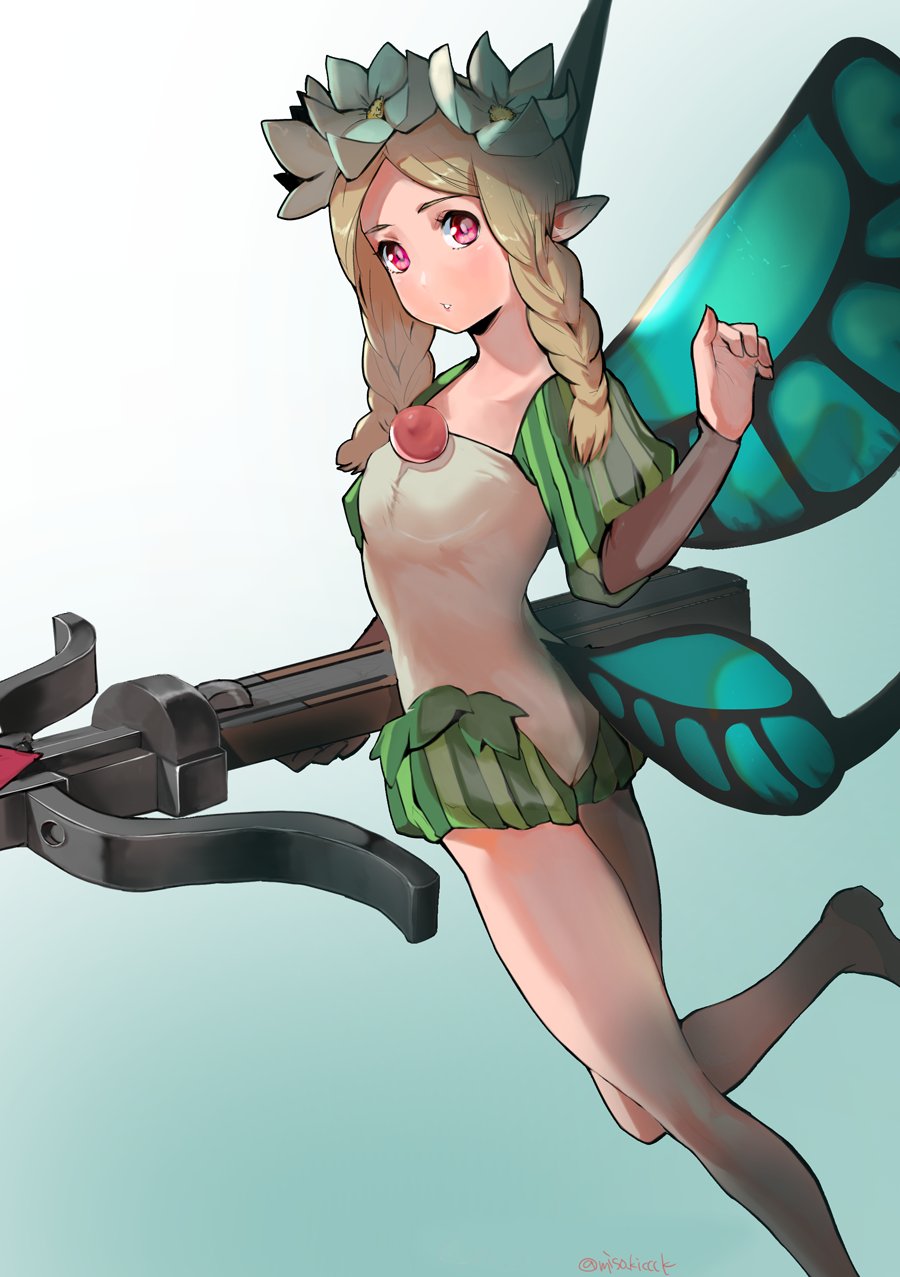 1girl, blonde_hair, blue_background, blush, braid, dress, fairy_wings, flower