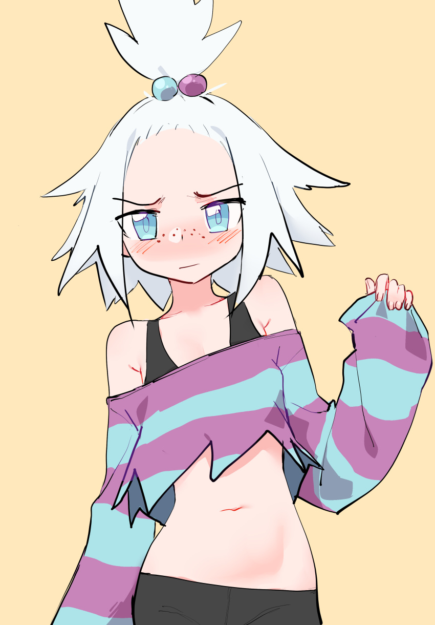 1girl, absurdres, bare_shoulders, bike_shorts, blue_eyes, blush, closed_mouth, commentary
