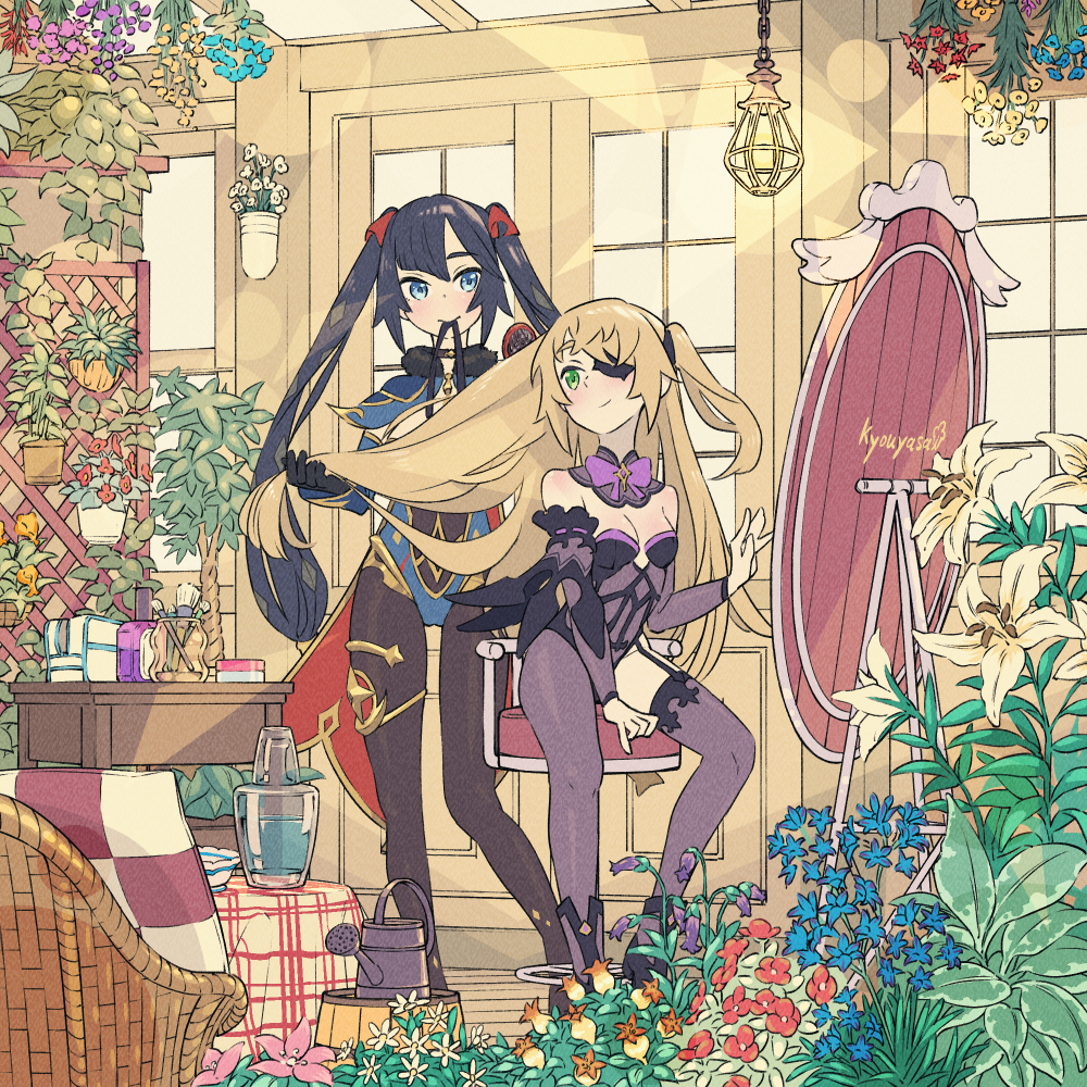2girls, artist_name, bare_shoulders, black_eyepatch, black_hair, blonde_hair, blue_eyes, blue_flower