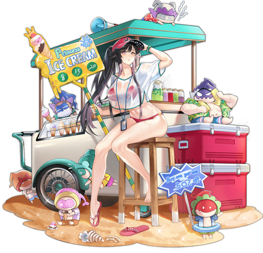 1girl, ark_order, artist_request, bangs, bare_legs, baseball_cap, bikini, black_hair
