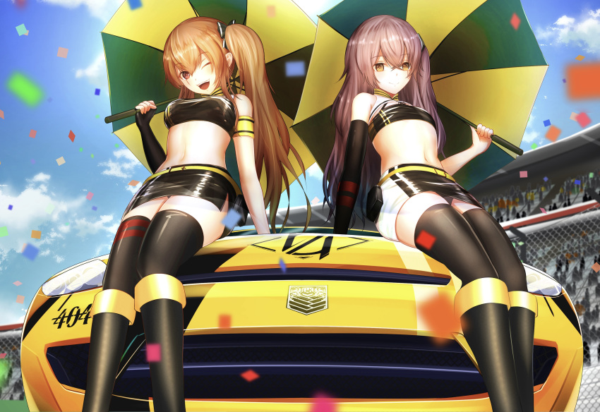 2girls, absurdres, black_gloves, black_legwear, black_tank_top, breasts, brown_eyes, brown_hair