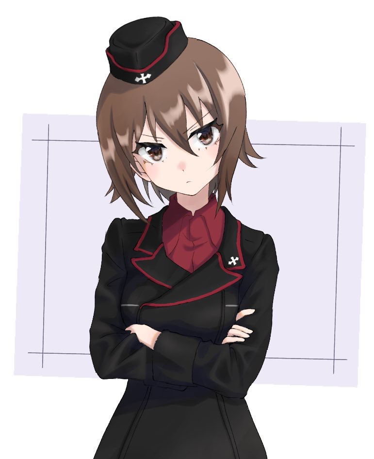 1girl, bangs, black_headwear, black_jacket, brown_eyes, brown_hair, chise_7, closed_mouth