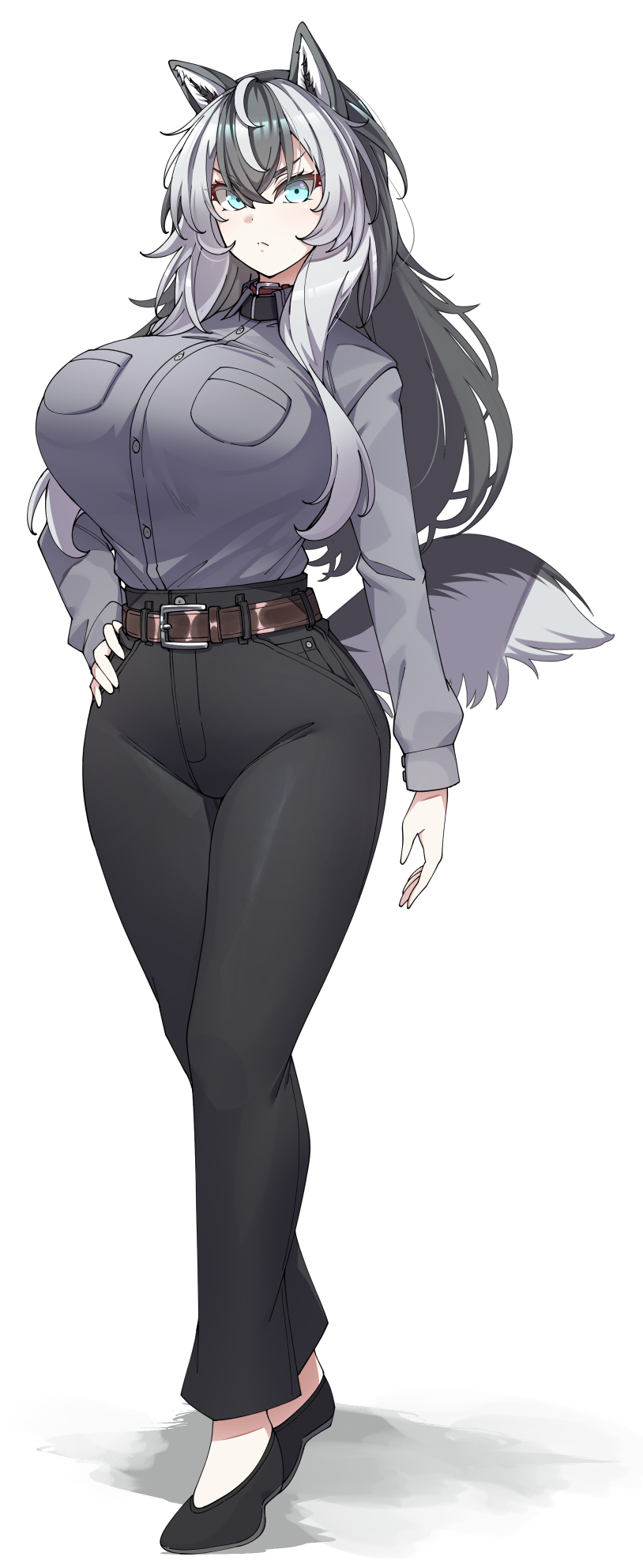 1girl, animal_ears, belt, black_footwear, black_pants, breast_pocket, brown_belt, dog_ears