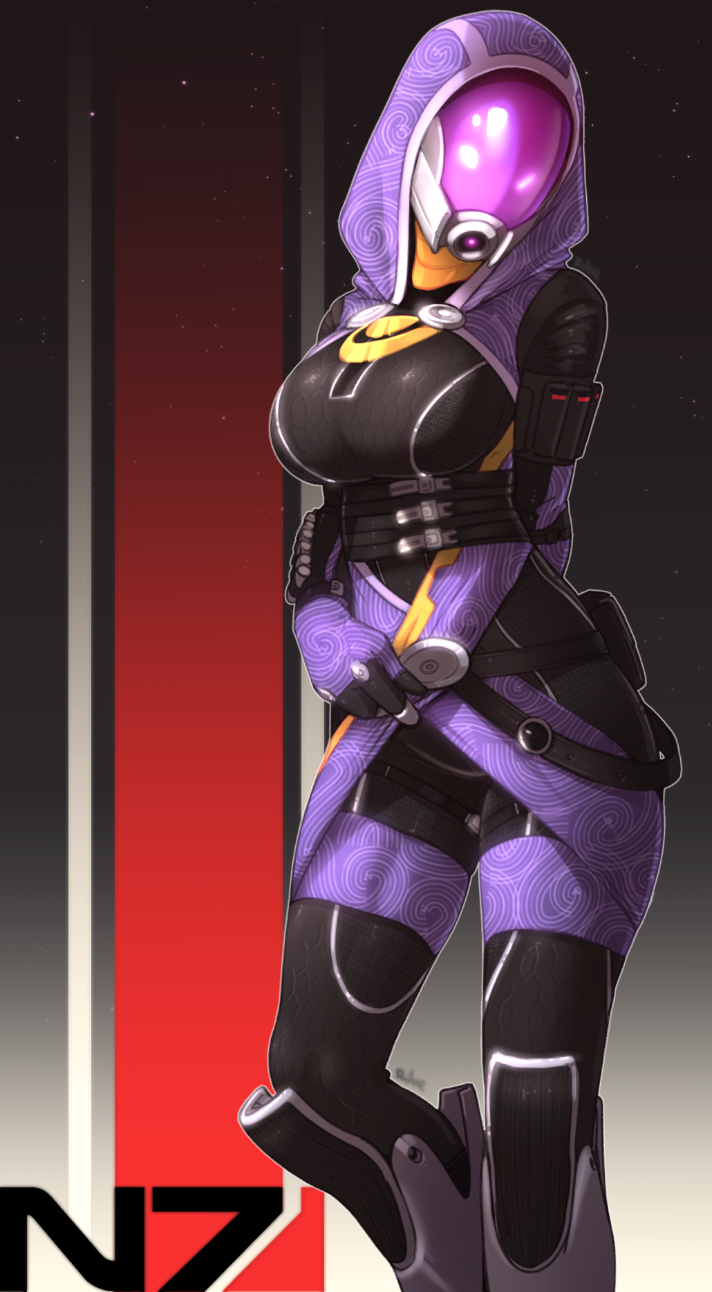 1girl, alien, alternate_breast_size, arm_behind_back, armored_boots, belt_pouch, black_bodysuit, bodysuit