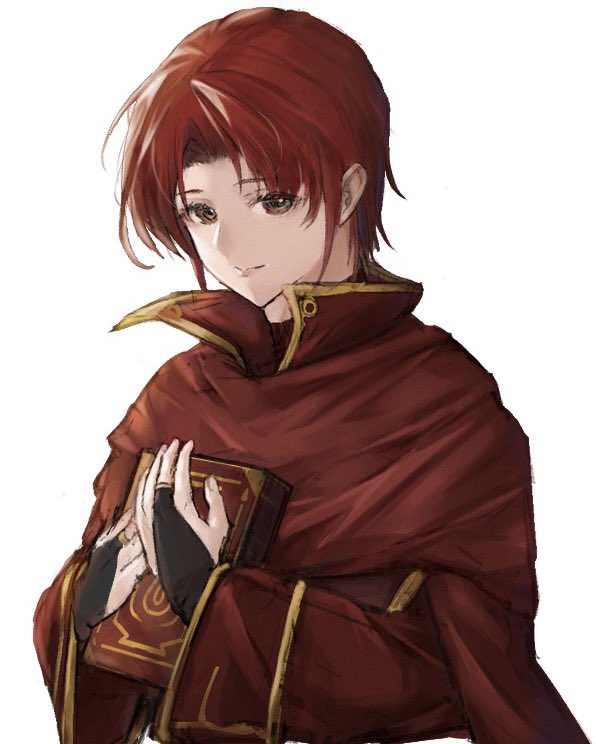1boy, azelle_(fire_emblem), book, cape, fire_emblem, fire_emblem:_genealogy_of_the_holy_war, gold_trim, holding, holding_book, jewelry, kandori_makoto, long_sleeves, looking_at_viewer, male_focus, red_eyes, redhead, ring, simple_background, solo, solo_focus, white_background
