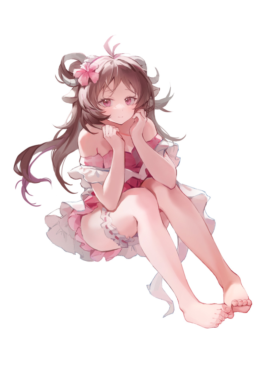 1girl, absurdres, ahoge, animal_ears, arknights, bare_legs, bare_shoulders, barefoot