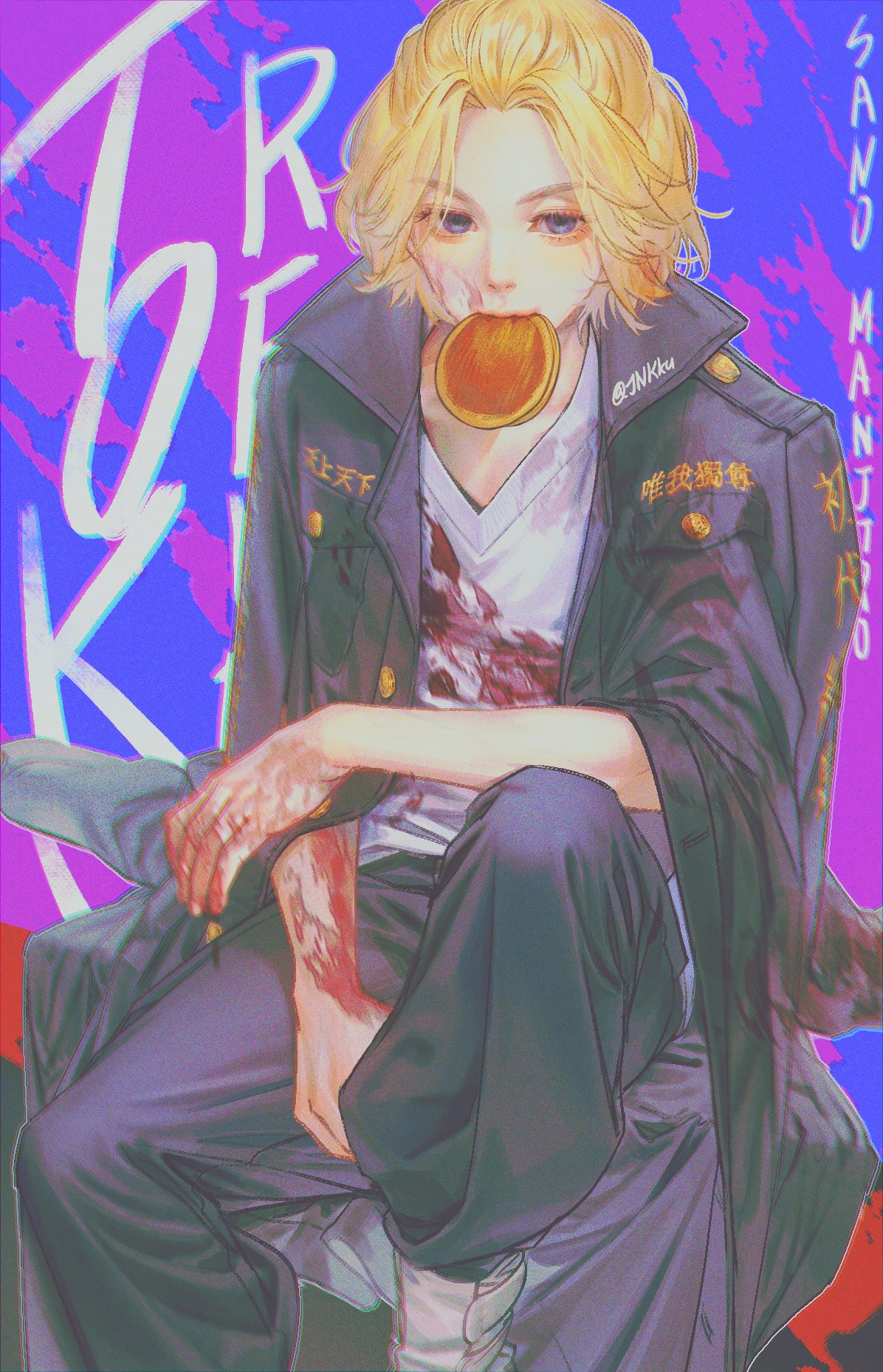 1boy, arm_on_knee, artist_name, black_coat, black_pants, blonde_hair, blood, blood_on_face, bloody_clothes, bloody_hair, bloody_hands, blue_eyes, boots, coat, coat_on_shoulders, commentary, empty_eyes, food, food_in_mouth, forehead, highres, jnkku, knees_up, looking_down, male_focus, medium_hair, pancake, pants, sano_manjirou, shirt, sitting, solo, stack_of_pancakes, tokyo_revengers, v-neck, white_footwear, white_shirt