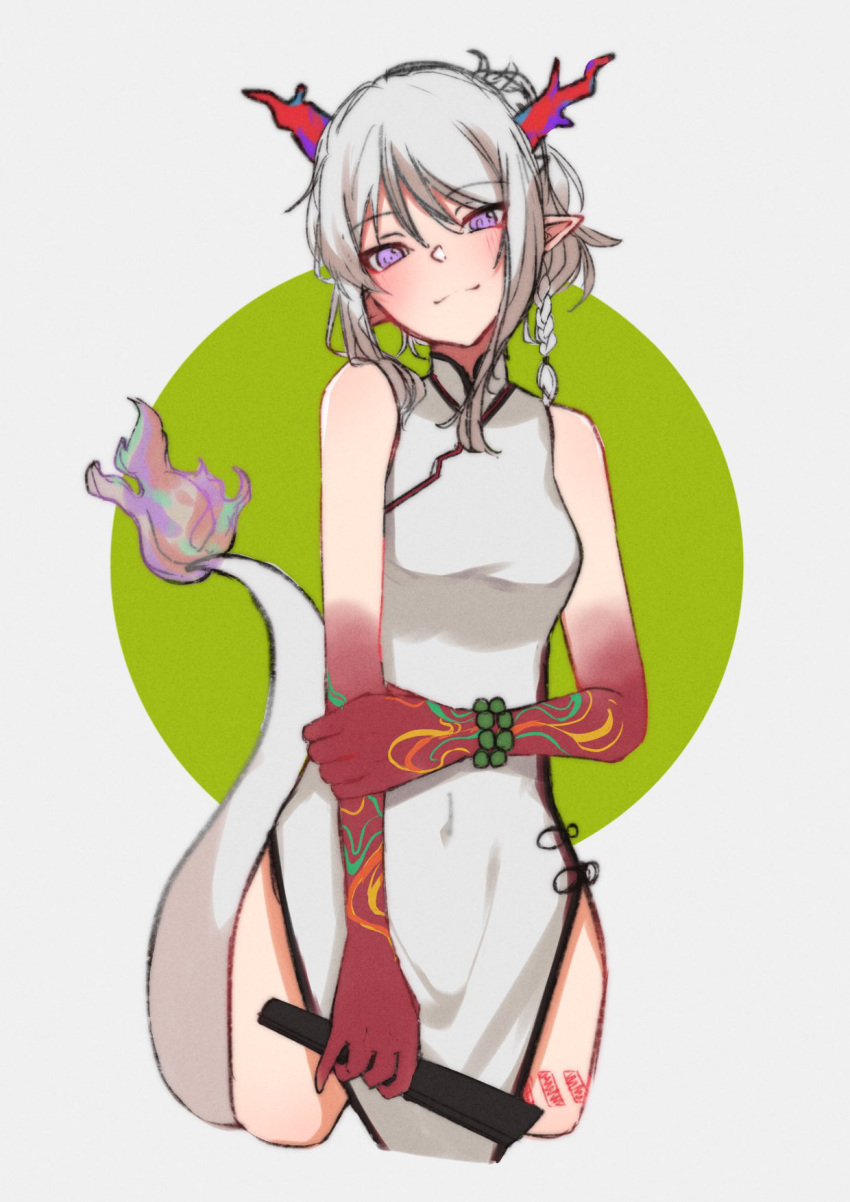 1girl, arknights, arm_tattoo, bead_bracelet, beads, bracelet, braid, china_dress, chinese_clothes, colored_skin, commentary, cowboy_shot, cropped_legs, dragon_girl, dragon_horns, dragon_tail, dress, green_bracelet, highres, hizuki_ryu, holding, horns, jewelry, long_hair, looking_at_viewer, nian_(arknights), nian_(unfettered_freedom)_(arknights), official_alternate_costume, pointy_ears, red_skin, simple_background, single_braid, sleeveless, sleeveless_dress, solo, tail, tail-tip_fire, tattoo, thigh_tattoo, violet_eyes, white_dress, white_hair
