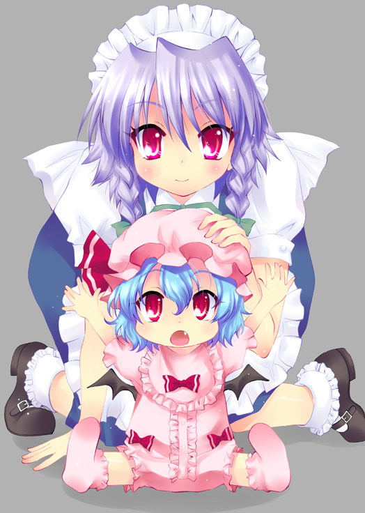 aya_ojo, bat_wings, blue_hair, braid, fang, hat, hoshino_madoka, izayoi_sakuya