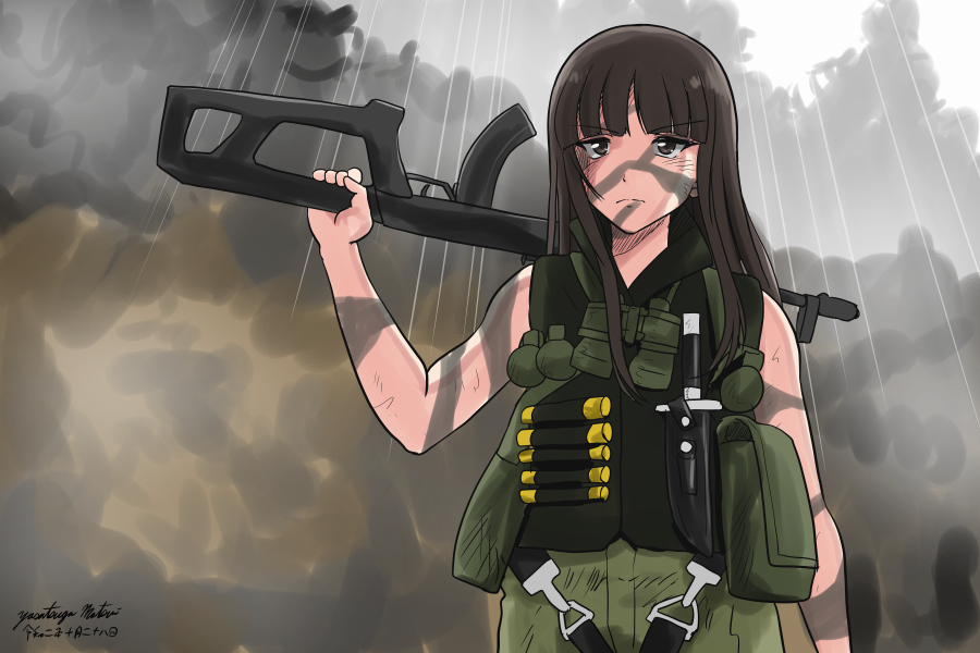 1girl, artist_name, assault_rifle, bangs, black_eyes, black_hair, blunt_bangs, body_armor