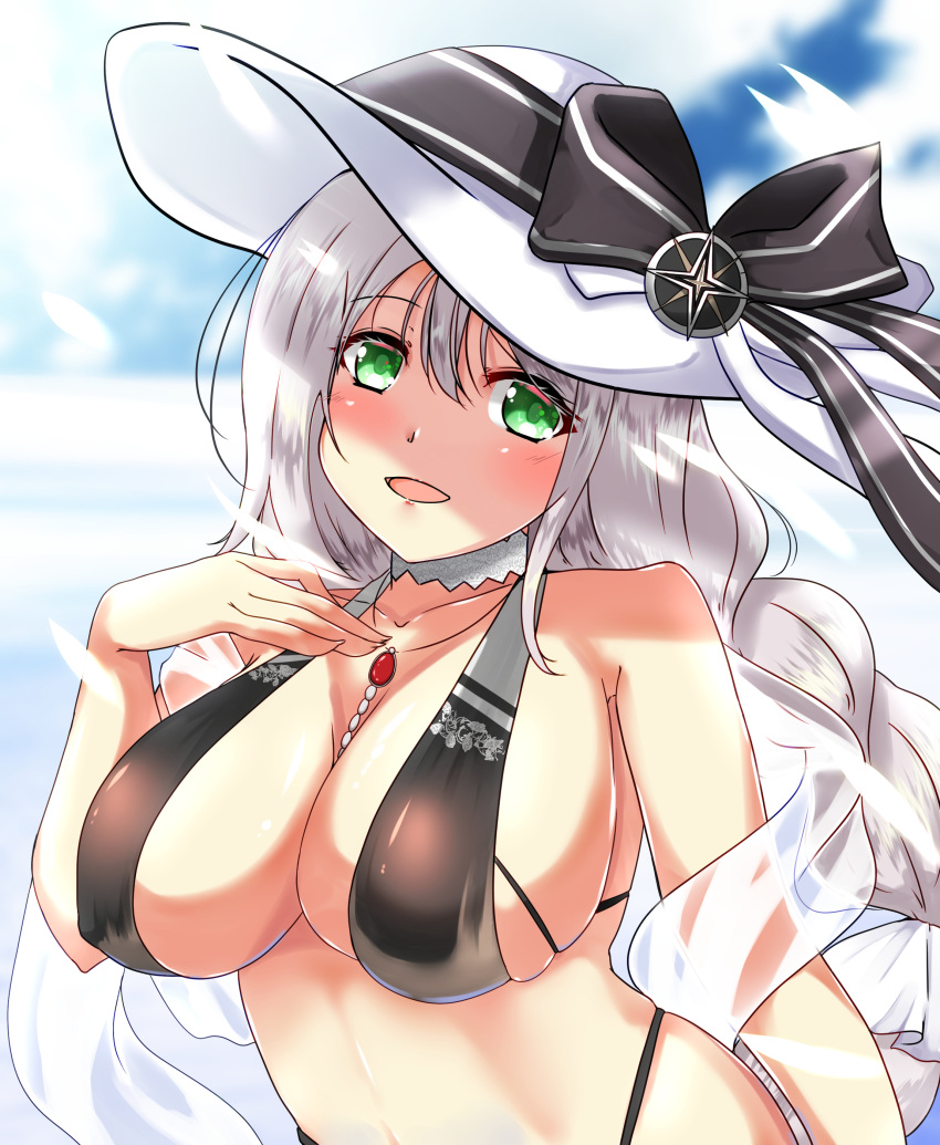 1girl, absurdres, aquila_(azur_lane), aquila_(sardegnian_shallows_and_sunshine)_(azur_lane), azur_lane, bikini, black_bikini, black_ribbon