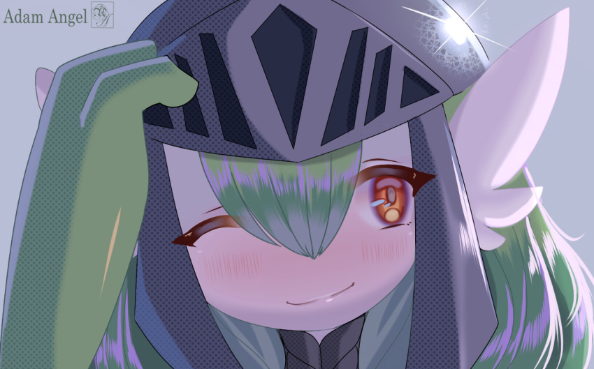 1girl, adam_angel, adjusting_clothes, adjusting_headwear, alternate_hair_length, alternate_hairstyle, artist_name, backlighting