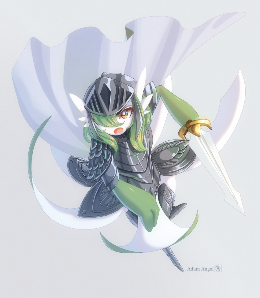 1girl, adam_angel, alternate_eye_color, alternate_hair_length, alternate_hairstyle, armor, armored_boots, artist_name