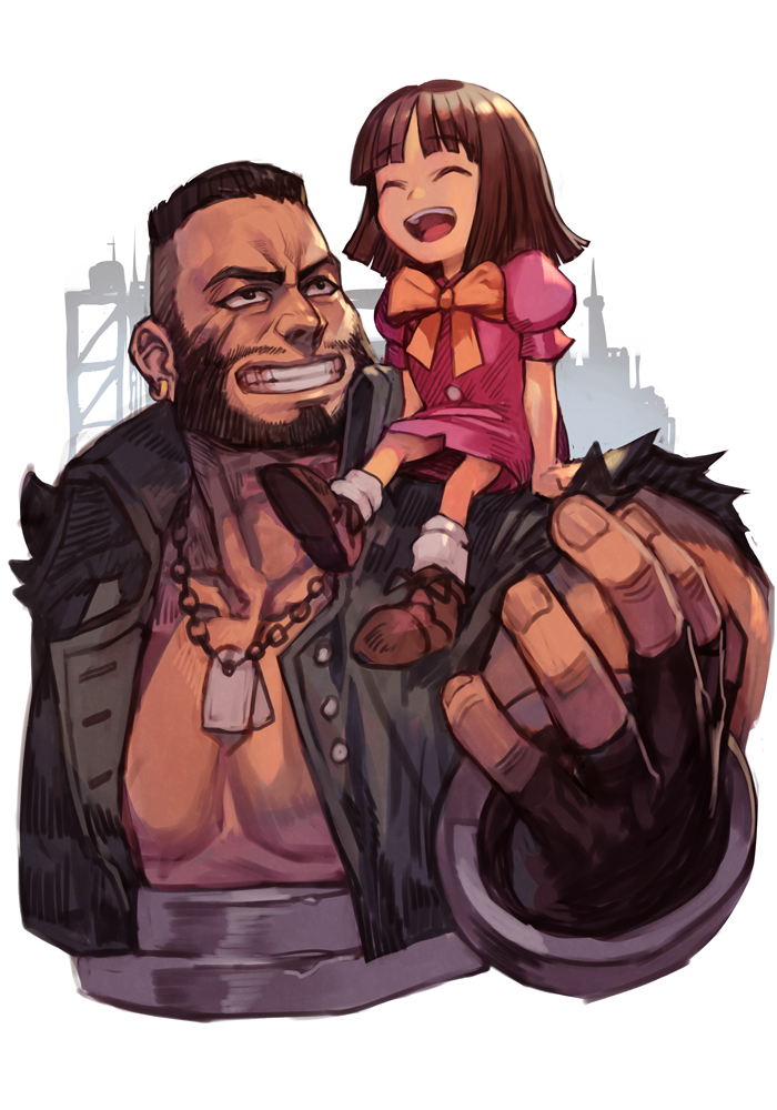 1boy, 1girl, :d, barret_wallace, beard, child, closed_eyes, cropped_torso