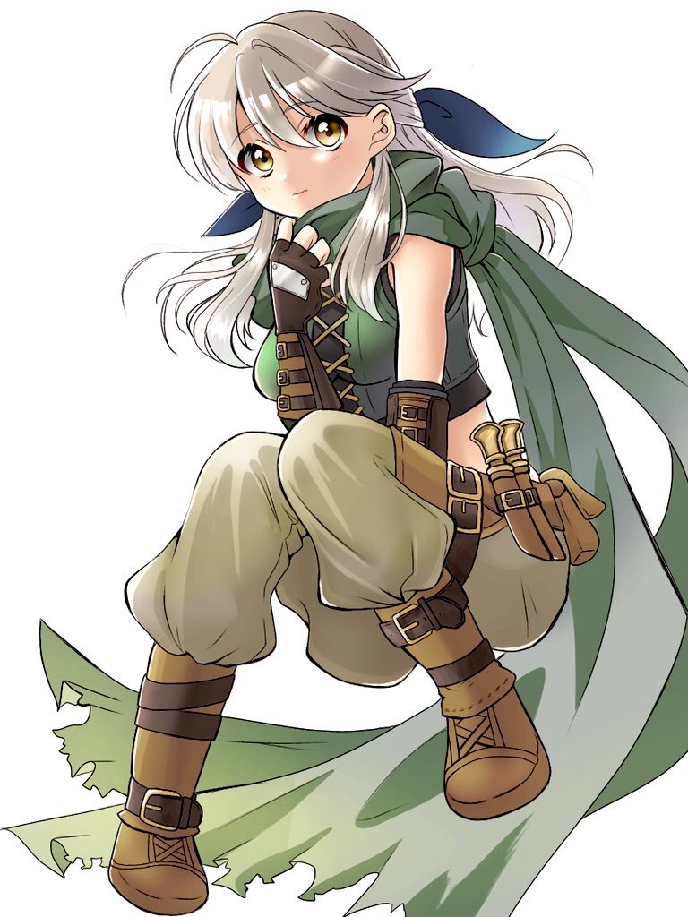 bangs, bare_shoulders, belt, black_gloves, boots, cosplay, dagger, fingerless_gloves