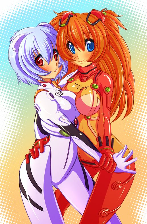 blue_eyes, blue_hair, brown_hair, evangelion:_2.0_you_can_(not)_advance, long_hair, neon_genesis_evangelion, plugsuit, rebuild_of_evangelion