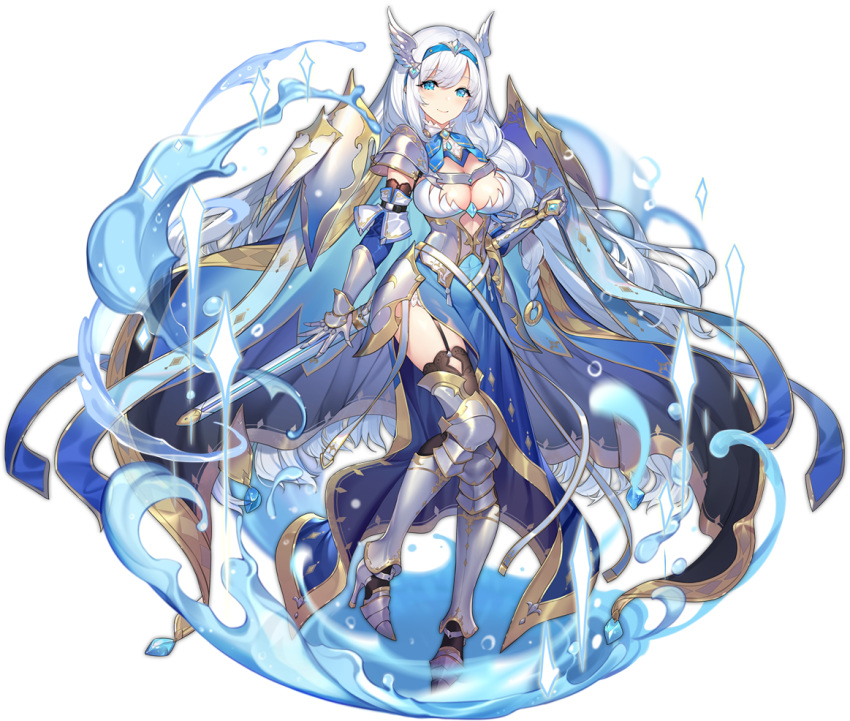 1girl, ark_order, armored_boots, bangs, black_legwear, blue_dress, blue_eyes, blue_hairband