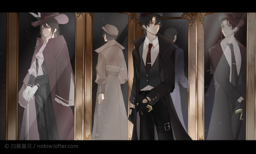 5boys, black_gloves, black_hair, brown_coat, brown_eyes, brown_hair, brown_headwear, cane, coat, copyright, ears, glasses, gloves, hat, highres, klein_moretti, long_hair, looking_to_the_side, lord_of_the_mysteries, mirror, mirror_image, multiple_boys, necktie, nobiw, red_neckwear, reflection, shirt, short_hair, white_shirt