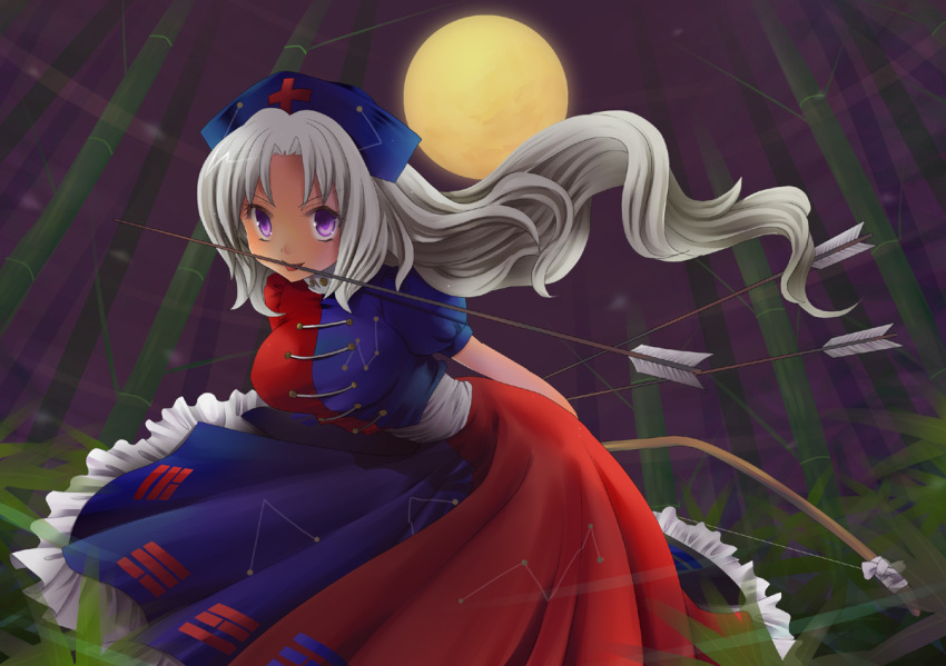 arrow, bow_(weapon), cherry_peachcat, hat, leaning_forward, long_hair, mouth_hold, silver_hair