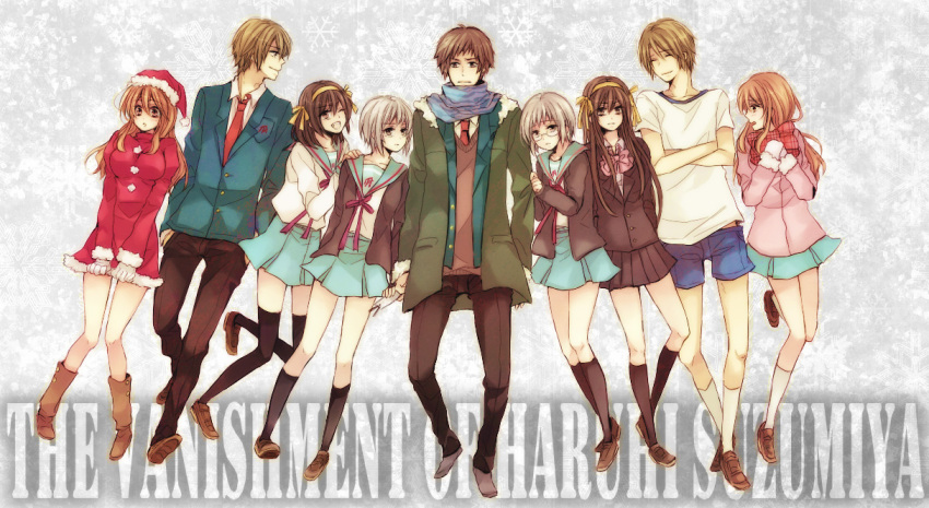 alternate_hairstyle, asahina_mikuru, brown_hair, dual_persona, gym_uniform, koizumi_itsuki, kyon, legs, long_hair, miyoshi_(m178), nagato_yuki, nagato_yuki_(shoushitsu), santa_costume, school_uniform, short_hair, silver_hair, suzumiya_haruhi, suzumiya_haruhi_(shoushitsu), suzumiya_haruhi_no_shoushitsu, suzumiya_haruhi_no_yuuutsu