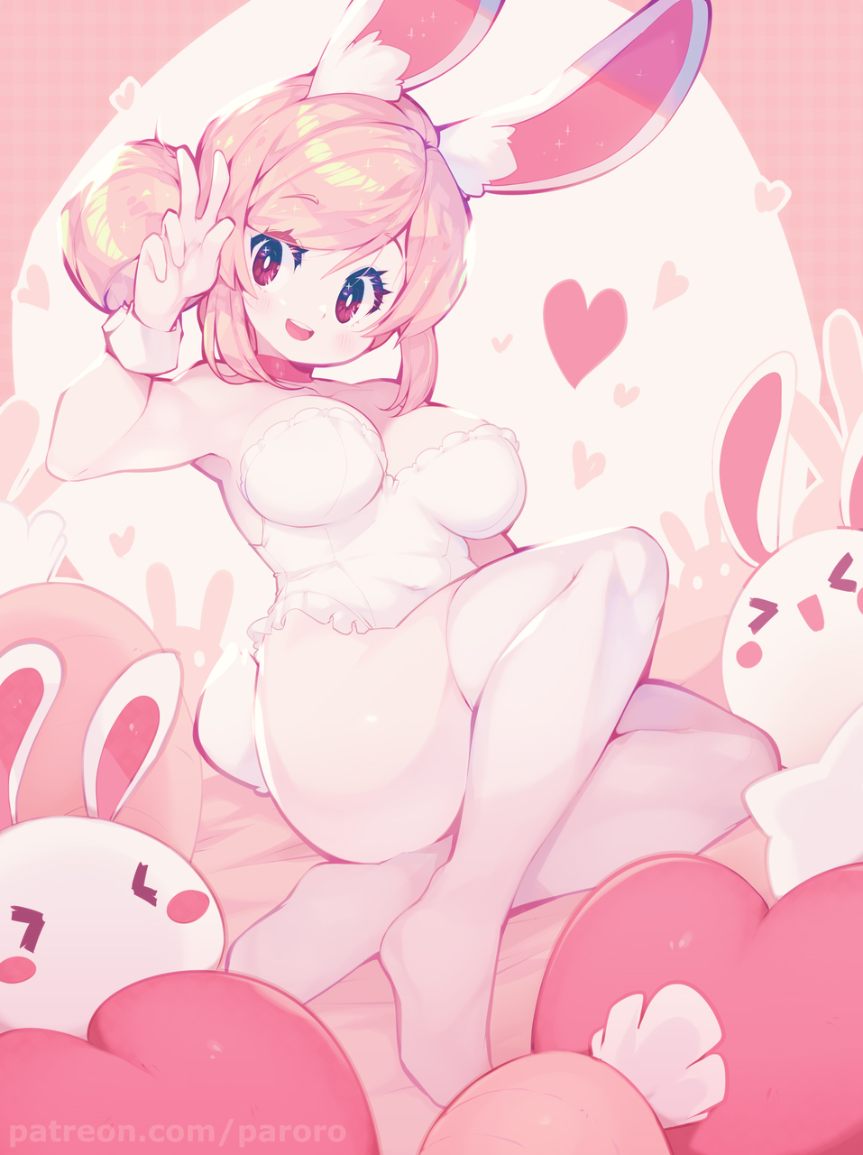 1girl, animal_ear_fluff, animal_ears, breasts, bunny_tail, fiz_(fizintine), hair_bun, highres