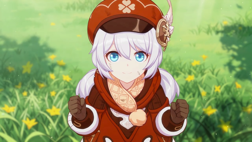 1065587906, bangs, beret, blue_eyes, brown_gloves, closed_mouth, company_connection, cosplay