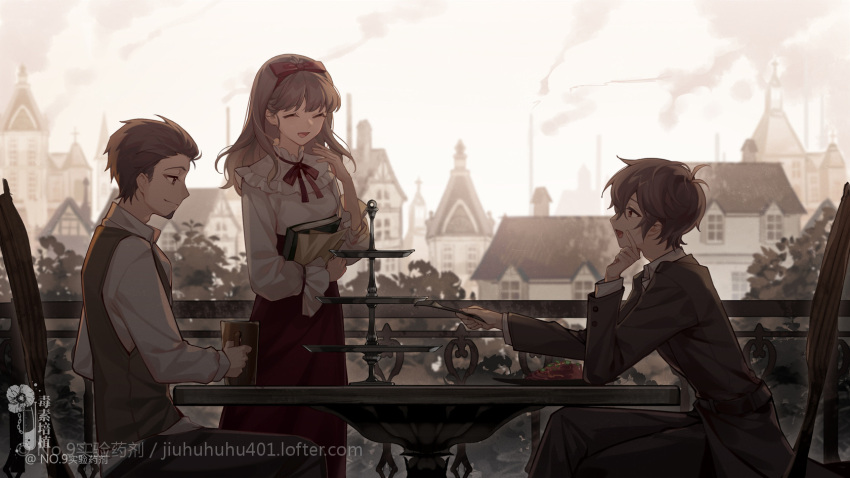 1girl, 2boys, bangs, beard, benson_moretti, book, brother_and_sister, brothers