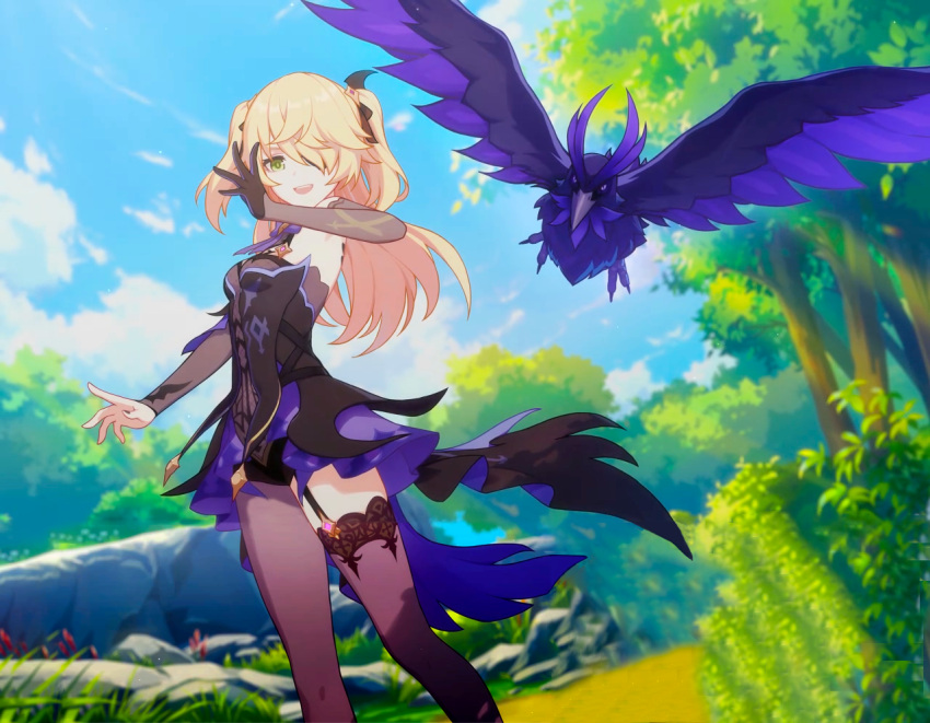 1065587906, 1girl, :d, armpits, asymmetrical_legwear, bare_shoulders, bird, black_gloves