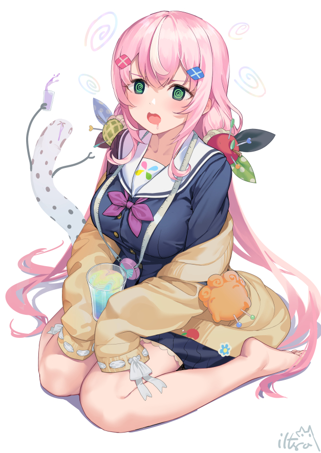 1girl, @_@, bangs, barefoot, breasts, cup, eyebrows_visible_through_hair, holding