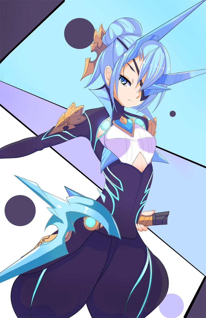 1girl, blue_eyes, blue_hair, breasts, eyepatch, hair_bun, highres, ice_horns