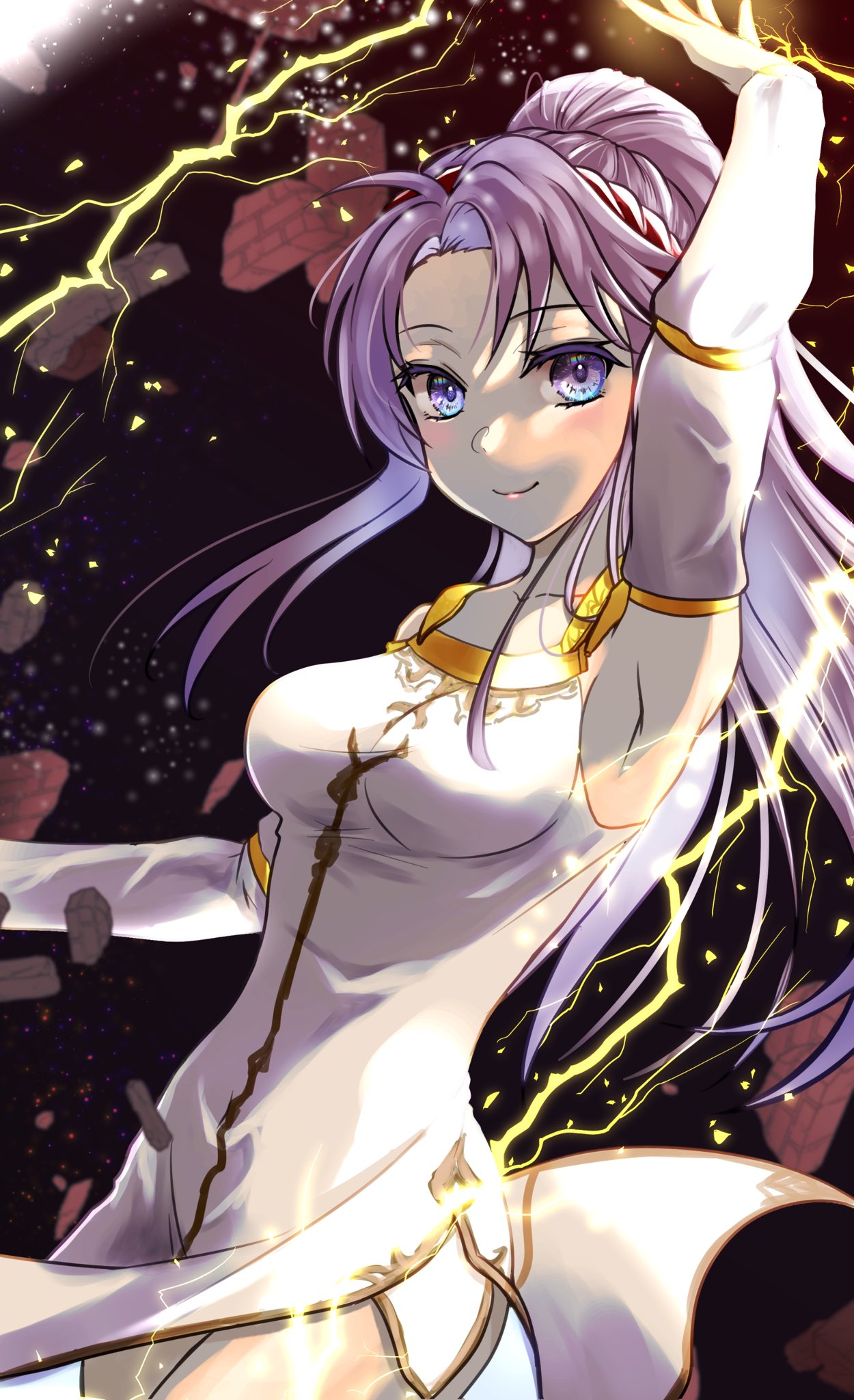 1girl, arm_up, armpits, black_background, breasts, brick, destruction, detached_sleeves