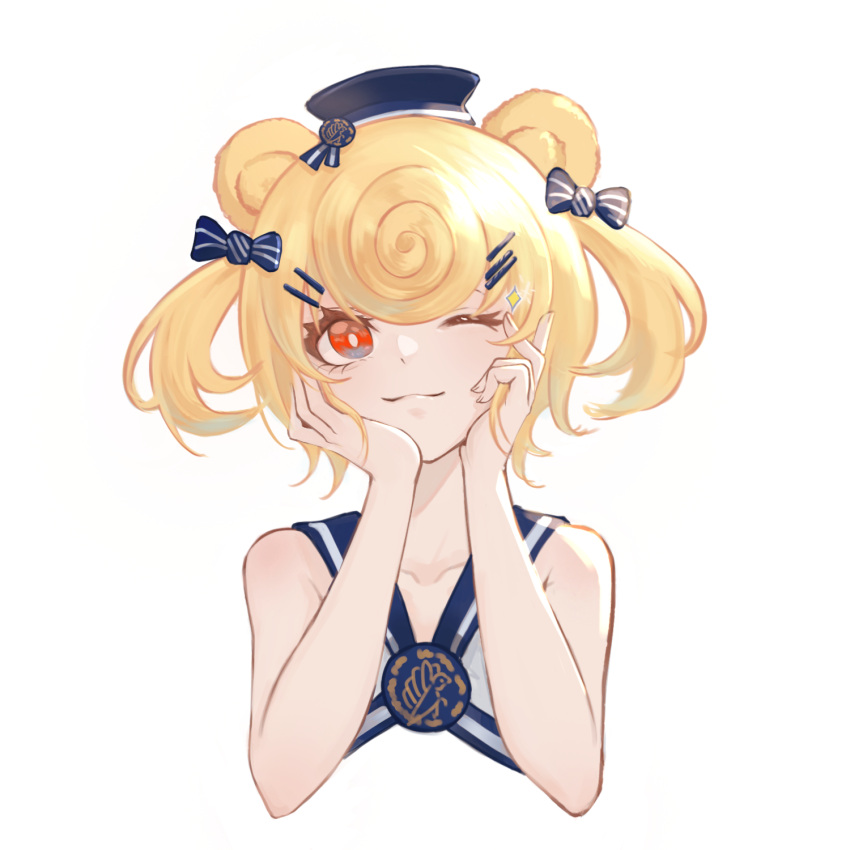 1girl, animal_ears, arknights, bare_arms, bear_ears, blonde_hair, blue_bow, blue_headwear