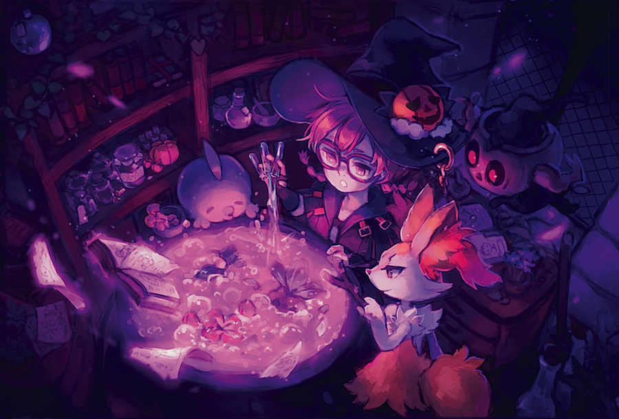 1girl, book, braixen, cauldron, chloe_de_gervaise, dark, ezroseven, floating