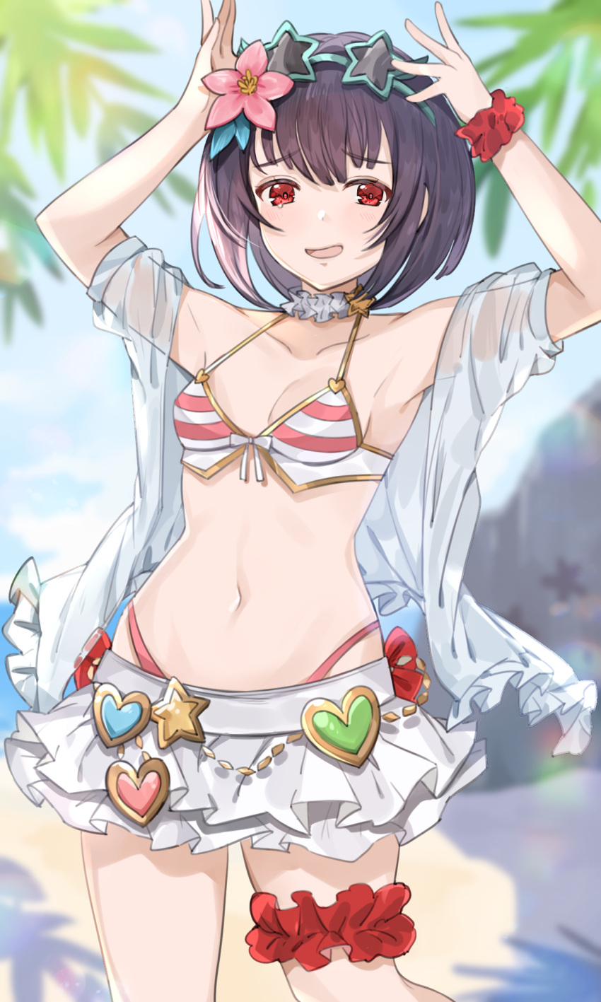 1girl, arms_up, bikini, bikini_skirt, black_hair, blurry, blurry_background, bow